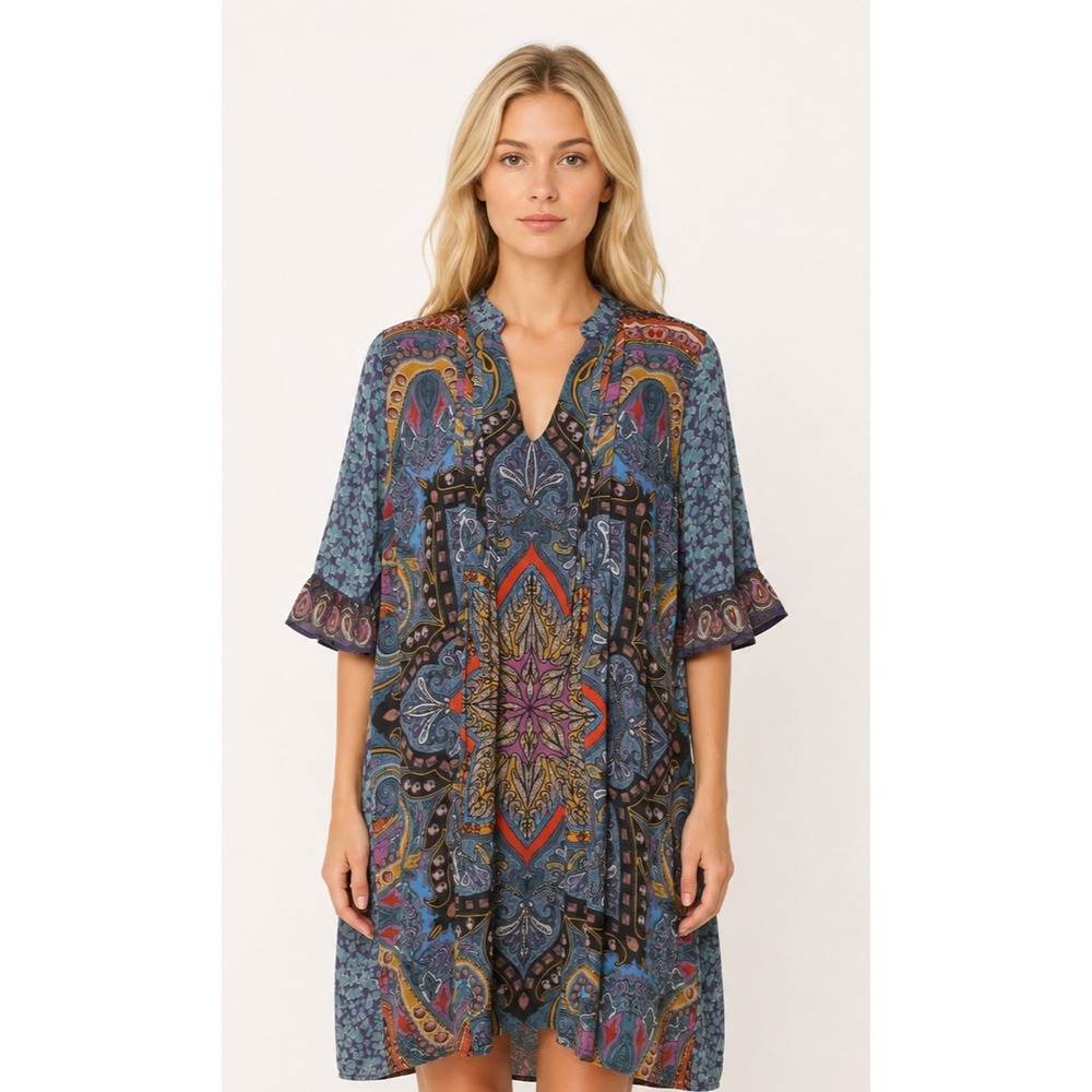 NIZA Spain Blue Paisley Shift Dress Beaded Bohemian Ruffle Sleeve Tunic Size 10